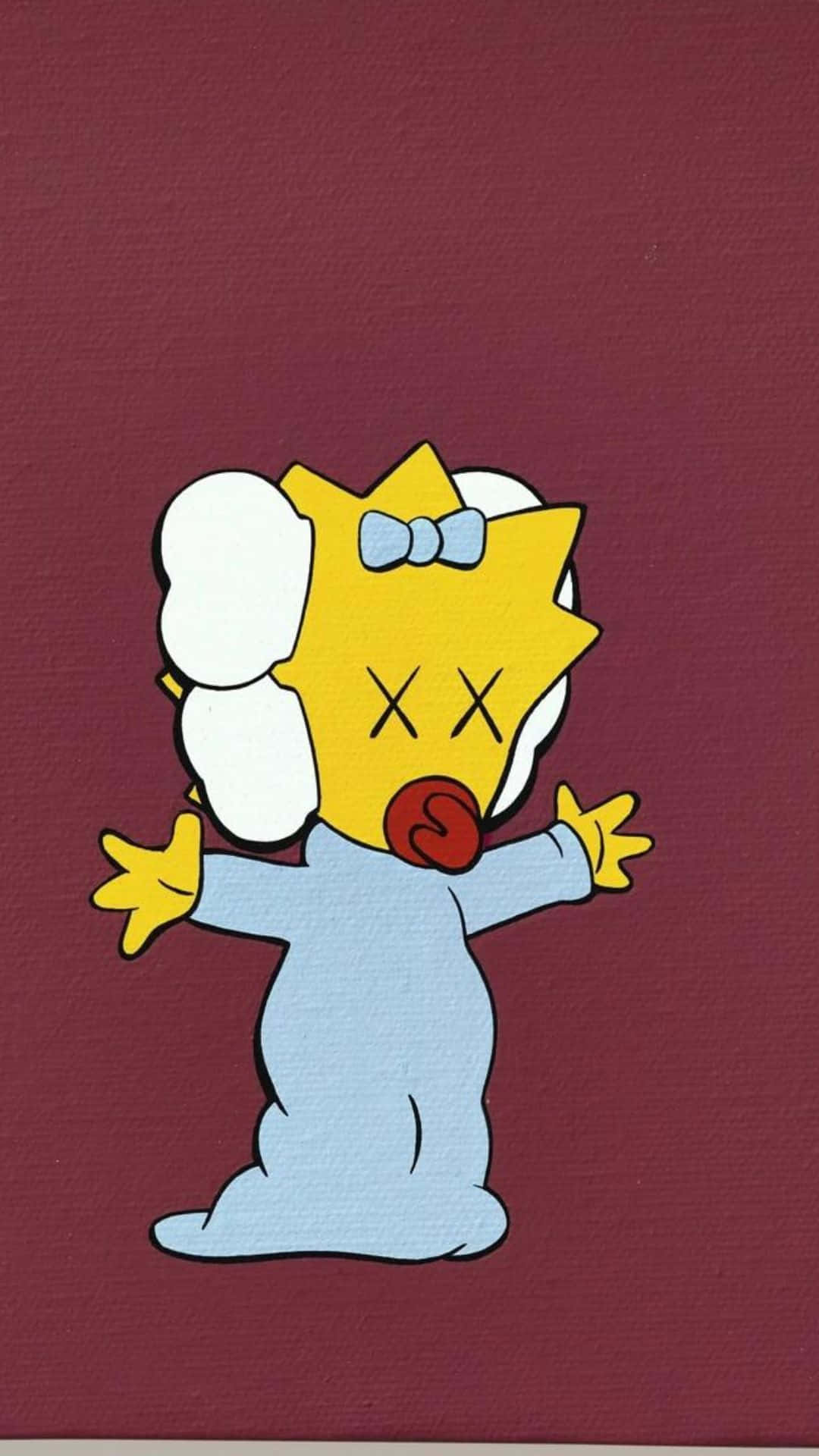 Kaws The Simpsons 桌布 壁紙 — 一個卡通嬰兒，頭部是黃色星星，嘴裡含著奶嘴，站在有紋理的栗色背景前。