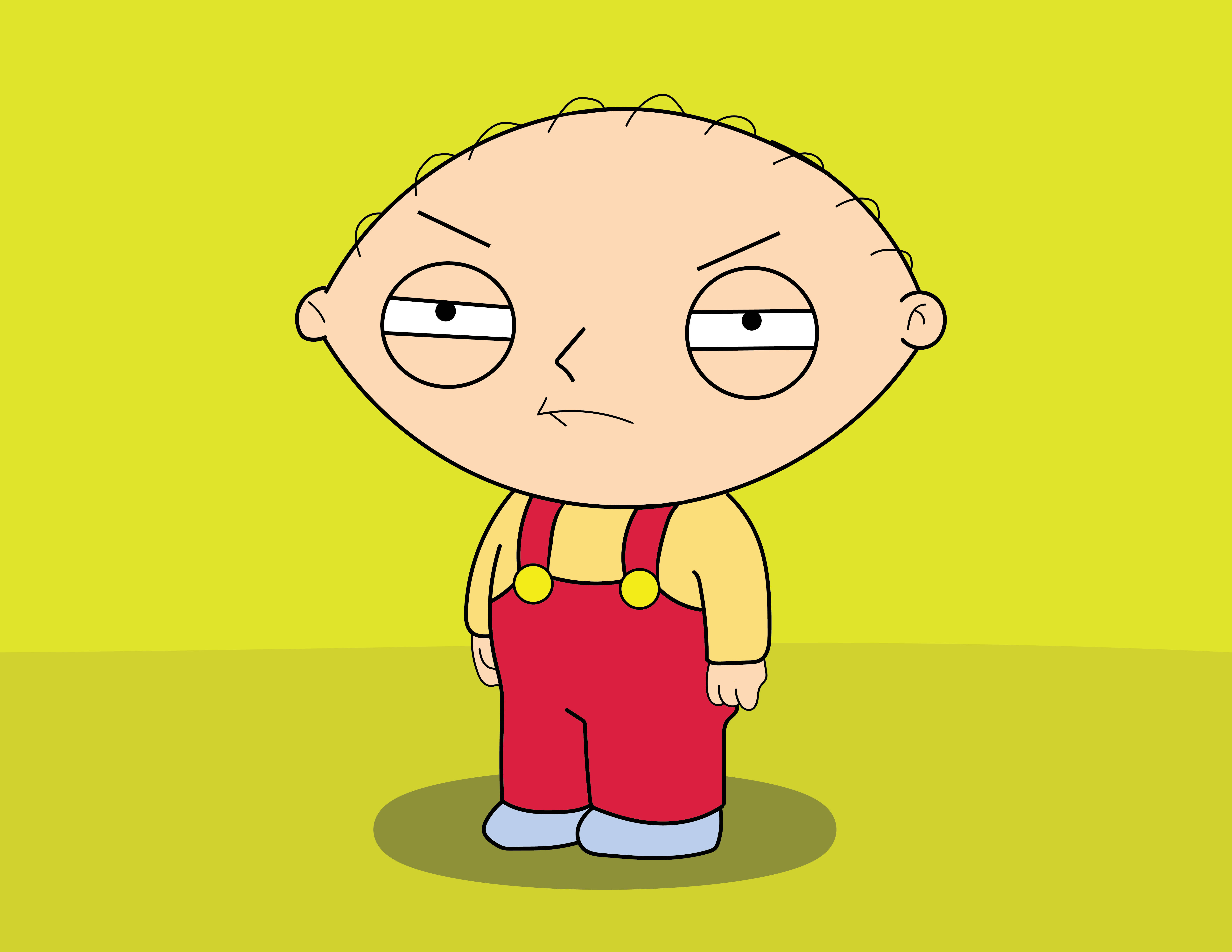 stewie 桌布 壁紙 — 一個卡通嬰兒帶著不高興的表情站在純黃色背景前，穿著紅色工裝褲。