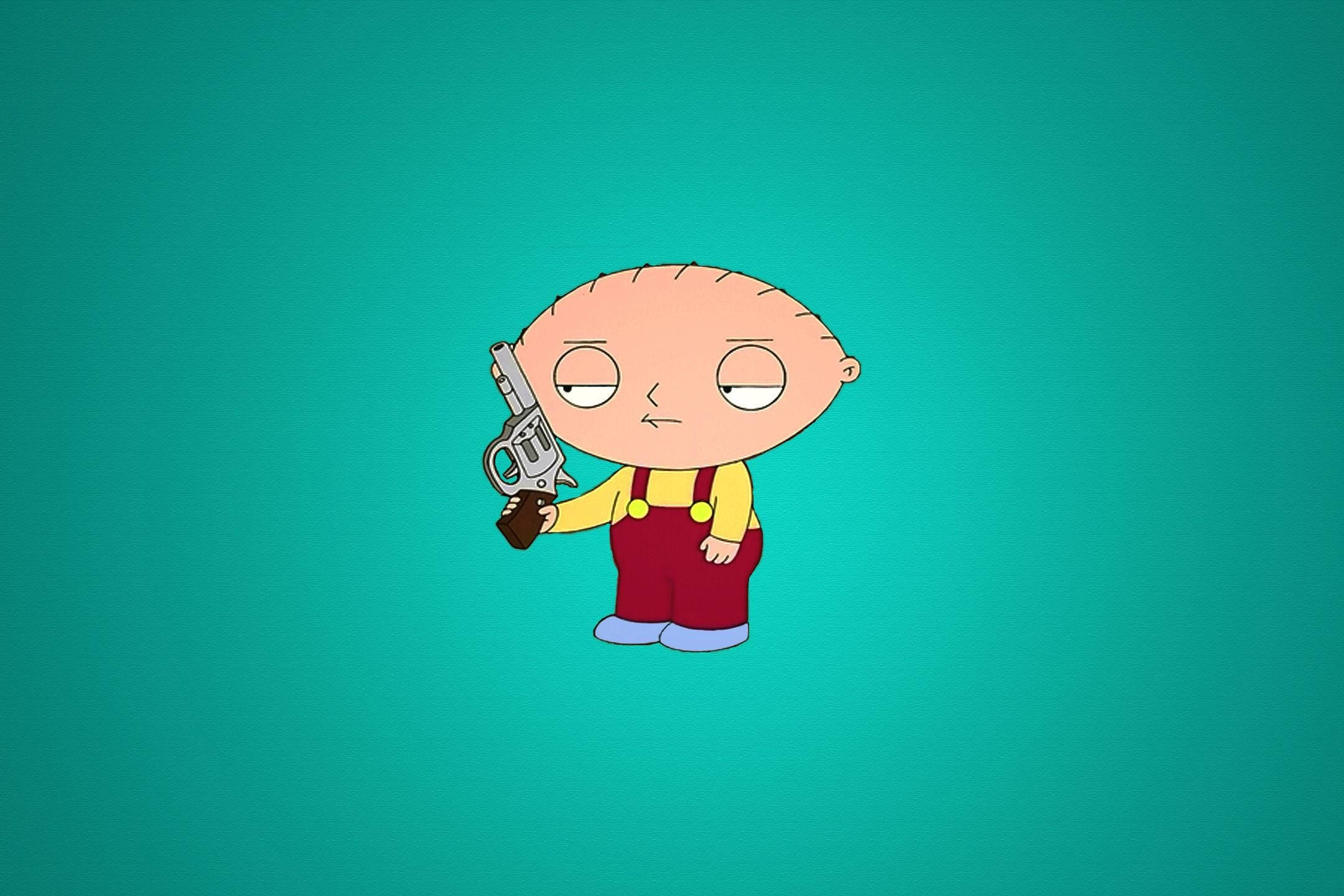 stewie 桌布 壁紙 — 一個卡通嬰兒帶著無聊的表情，在青綠色漸變背景上拿著一把左輪手槍。