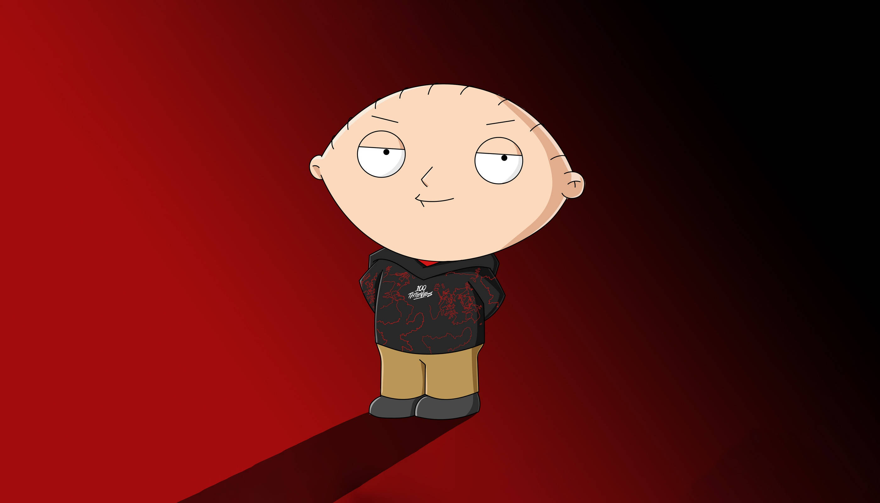 stewie 桌布 壁紙 — 一個卡通嬰兒帶著自鳴得意的表情站在漸變紅色背景前，投下長長的影子。