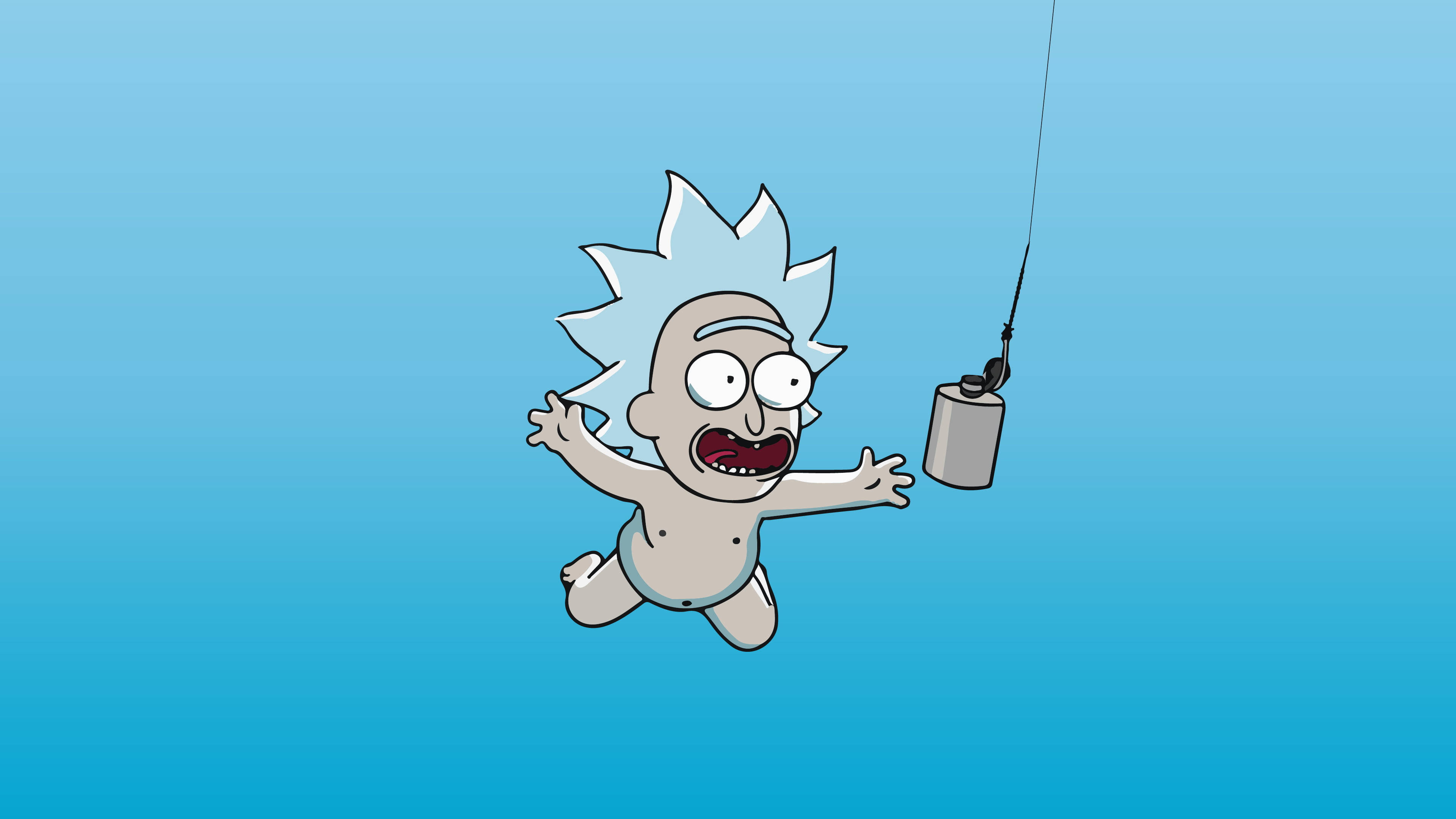 rick 桌布 壁紙 — 一個卡通嬰兒瑞克·桑切斯掛在一條帶有罐子的釣魚線上，在漸變藍色背景上尖叫。