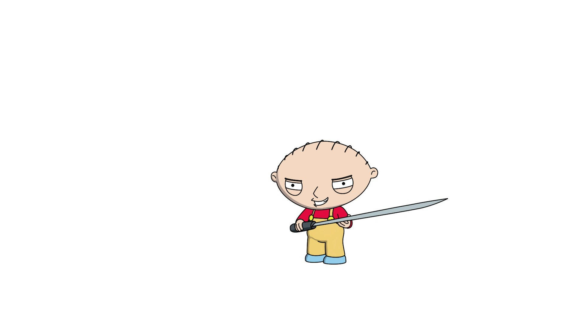 stewie 桌布 壁紙 — 一個卡通嬰兒皺著眉頭，在純白色背景前拿著一把劍。