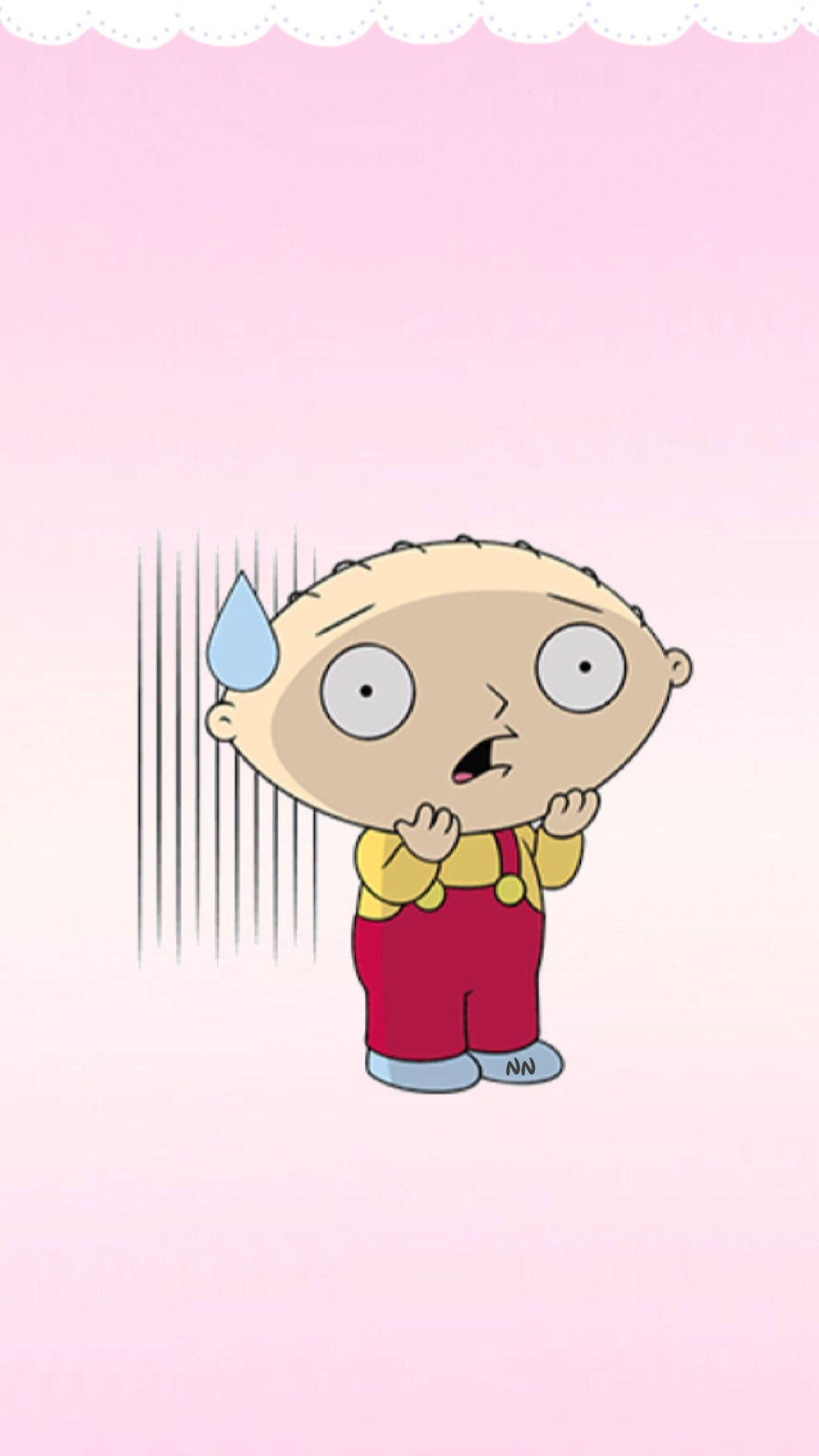 stewie 桌布 壁紙 — 一個卡通嬰兒睜大眼睛，帶著一滴汗珠，在柔和的粉紅色背景上看起來很害怕。