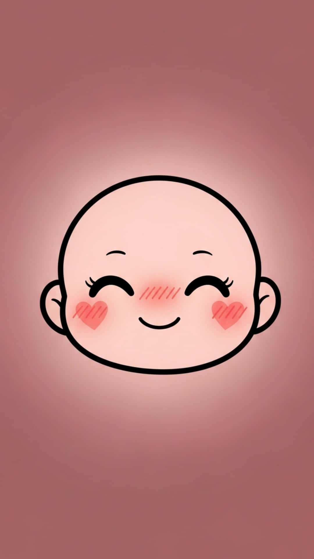 Smiling Chibi Face with Heart Blush Marks, Dusty Rose Gradient Background 壁紙 — 一個卡通嬰兒臉孔，閉著眼睛，帶有心形腮紅，在柔和的粉紅色漸變背景上微笑。