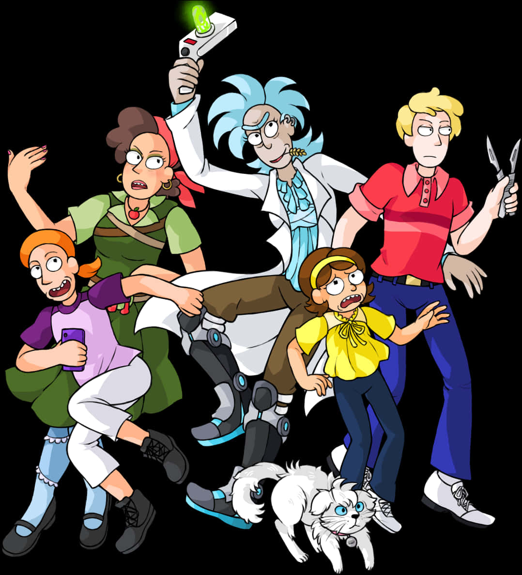 Cartoon Characters 桌布 壁紙 — 一個卡通家庭和貓在恐慌中逃離，而科學家在黑暗虛空中發射發光武器。