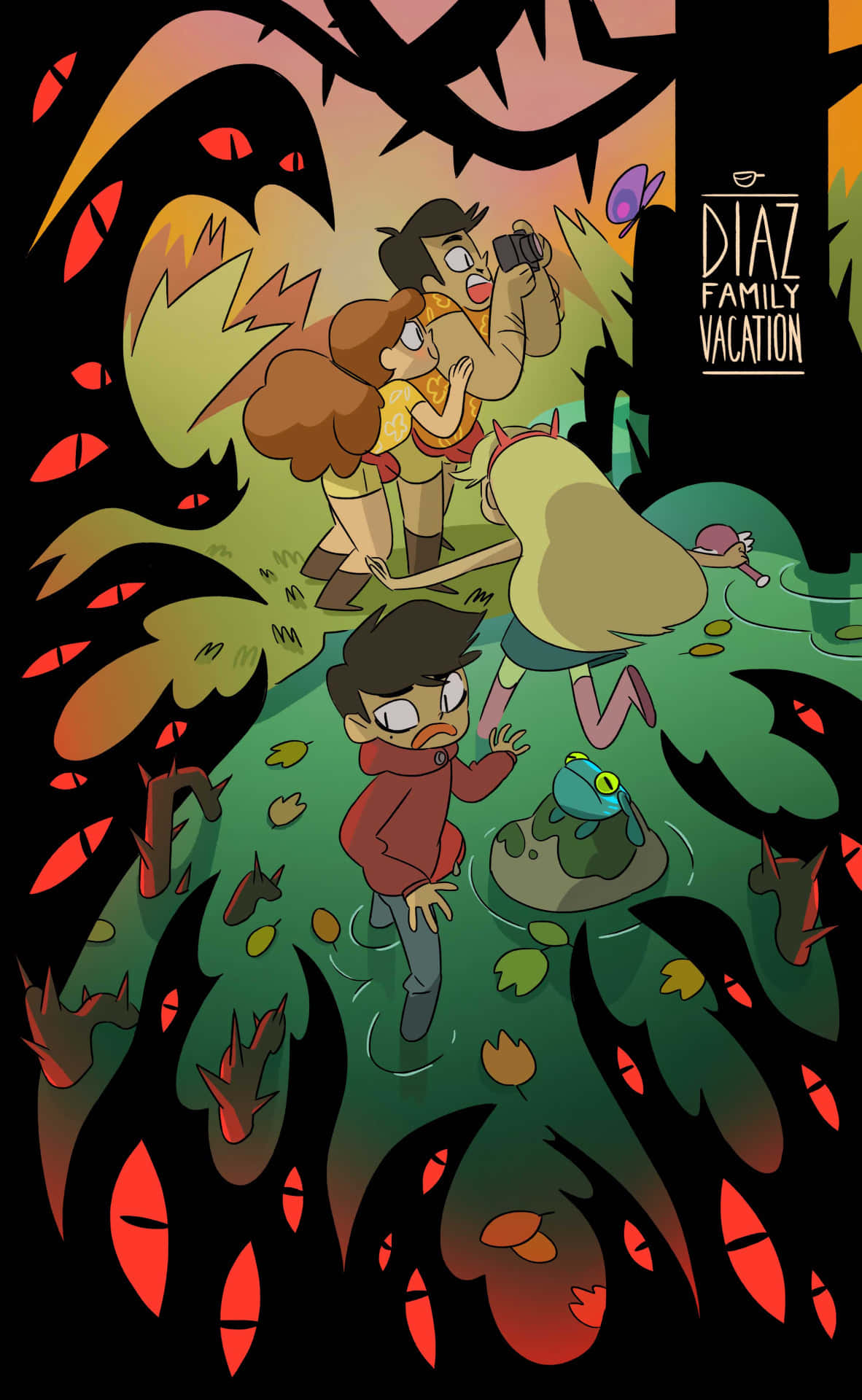 Star Vs The Forces Of Evil 桌布 壁紙 — 一個卡通家庭在暮色天空下探索一個超現實的森林，其中有發光的紅色眼睛和漂浮的樹葉。