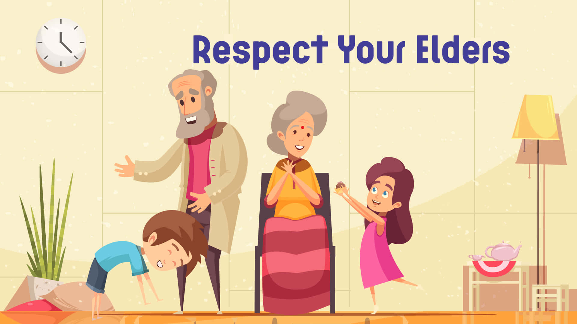 Respect 桌布 壁紙 — 一個卡通家庭場景顯示一個男孩向他的祖父鞠躬，而一個女孩在他們微笑的祖母旁邊跳舞，在一個溫暖照明的客廳裡。