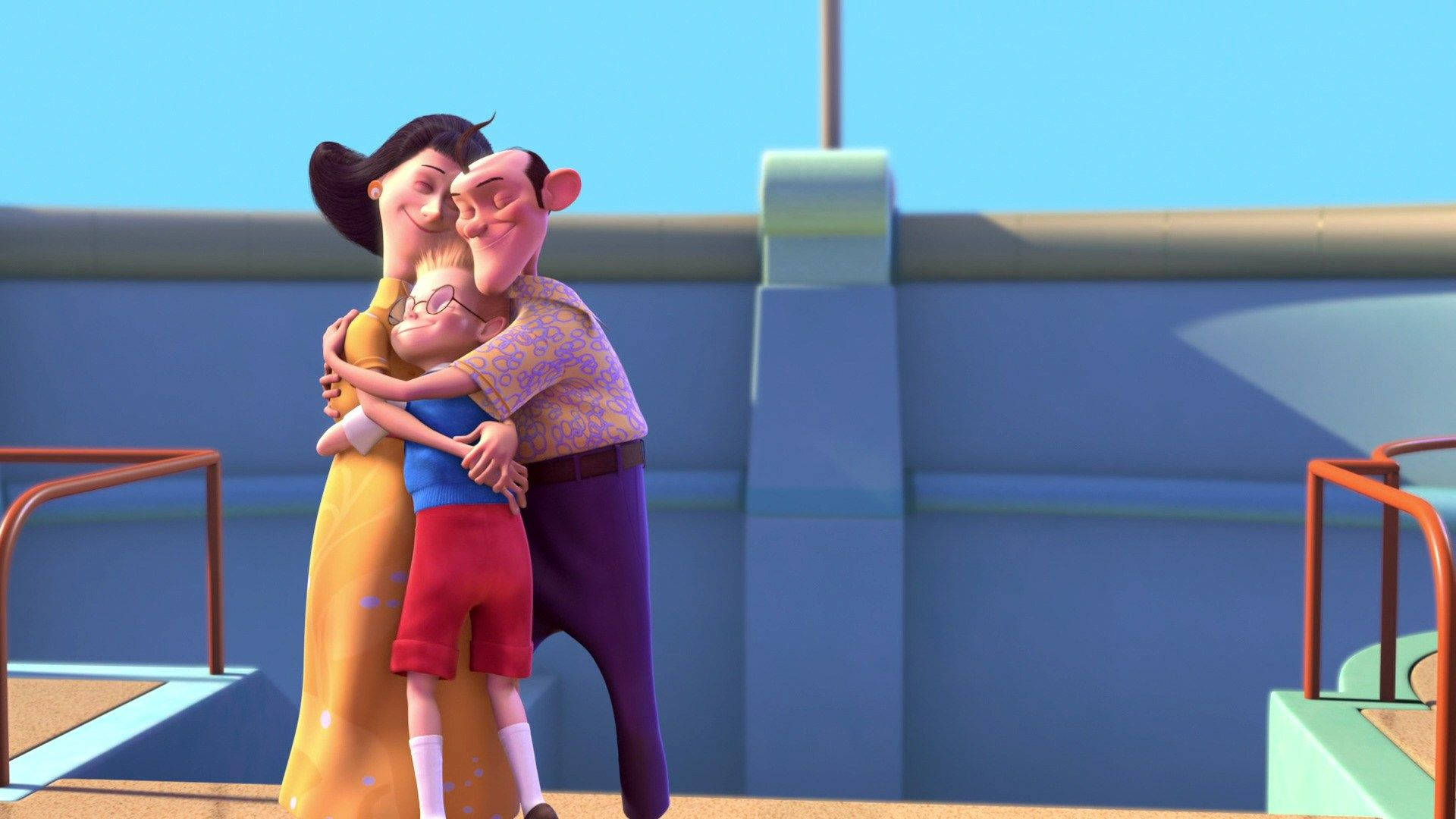 meet the robinsons 桌布 壁紙 — 一個卡通家庭的三位成員在藍色牆壁和橙色欄杆的屋頂上，在晴朗的天空下溫暖地擁抱。