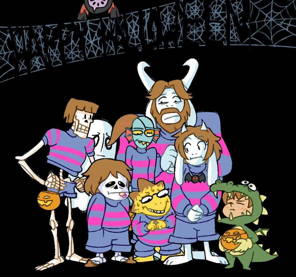 Undertale 桌布 壁紙 — 一個卡通家庭穿著萬聖節服裝，在黑色背景下的蜘蛛網拱門下擺姿勢。