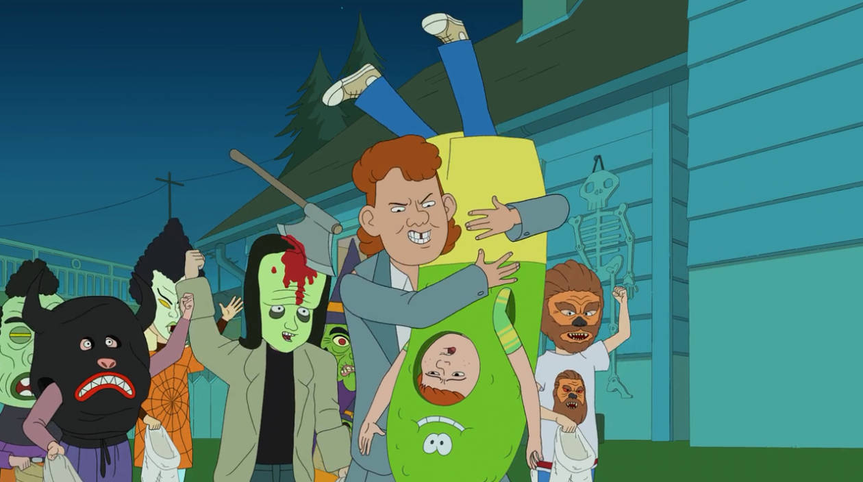Animated 桌布 壁紙 — 一個卡通家庭穿著萬聖節服裝，夜晚站在屋外，其中有殭屍和狼人。