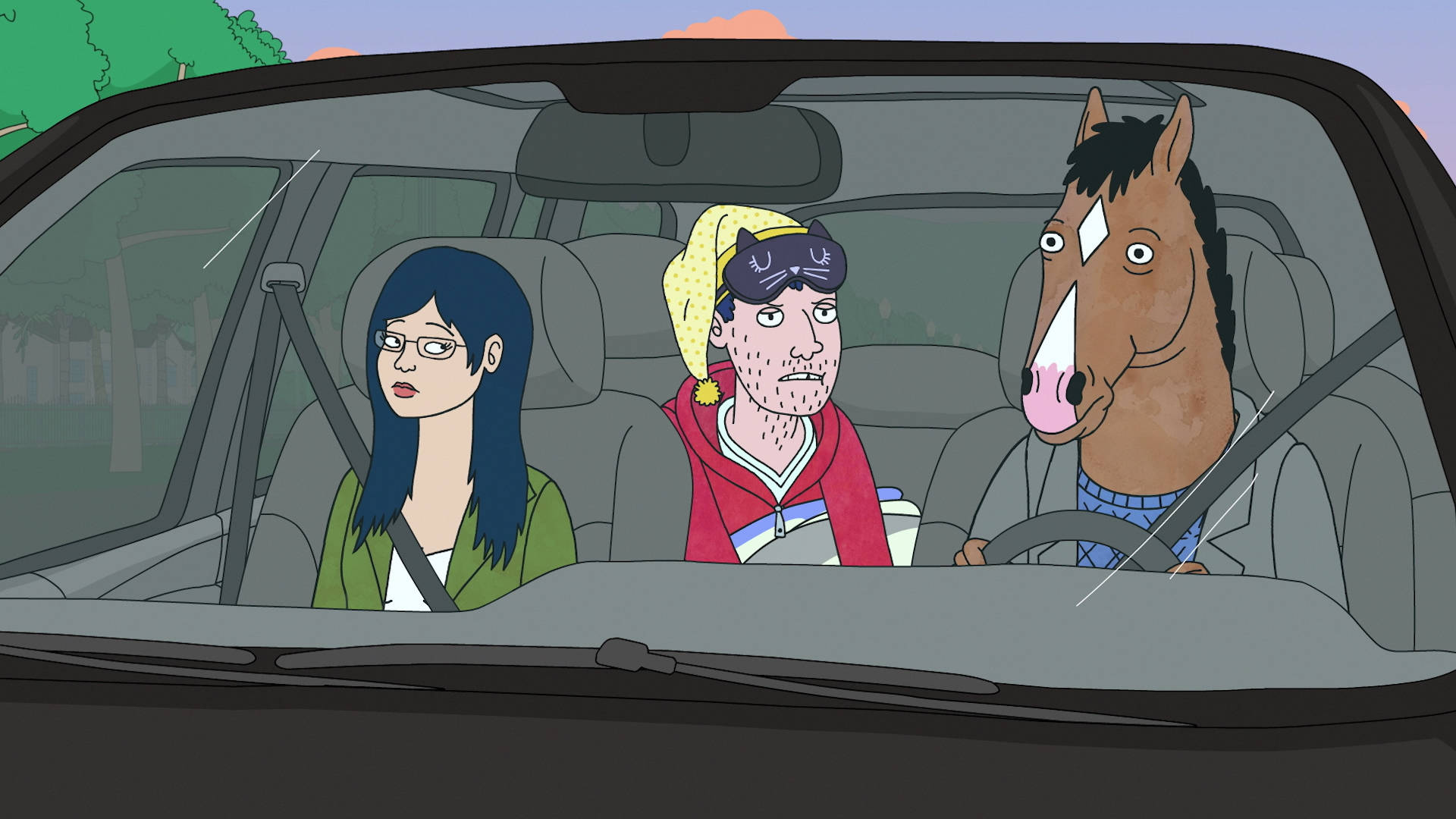 bojack 桌布 壁紙 — 一個卡通家庭開車，馬在駕駛，後座有一個穿紅色連帽衫的男人和一個戴眼鏡的女人。
