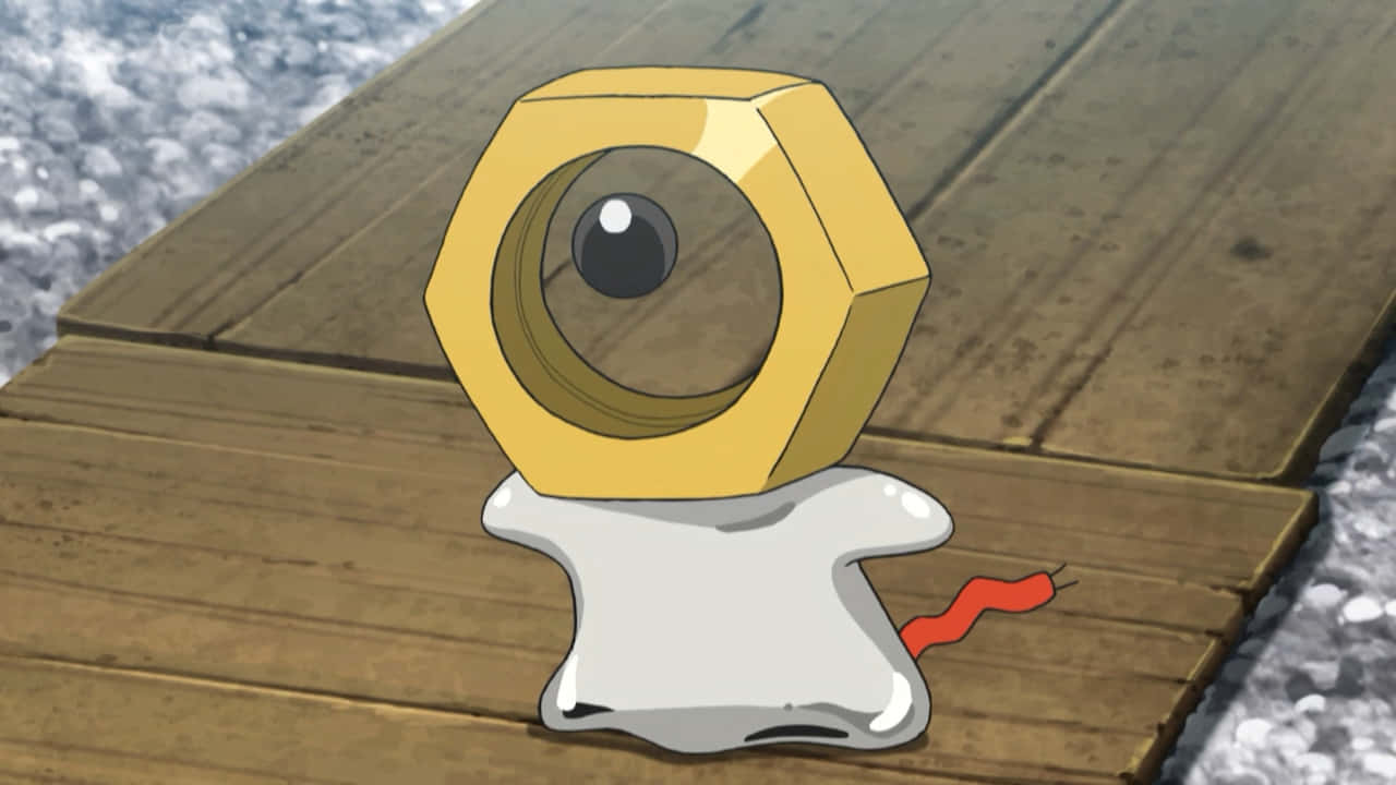木紋 桌布 壁紙 — 一個卡通寶可夢，擁有金色六角形頭部和一隻大眼睛，坐在木甲板上，旁邊是雪地。