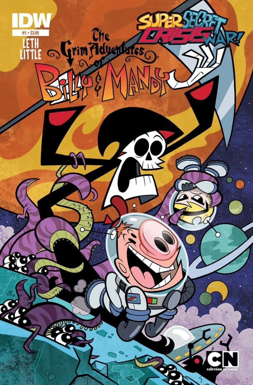 the grim adventures of billy and mandy 桌布 壁紙 — 一個卡通封面顯示一個微笑的男孩穿著太空衣，騎著火箭經過一個巨大的頭骨和紫色觸手，背景是宇宙。