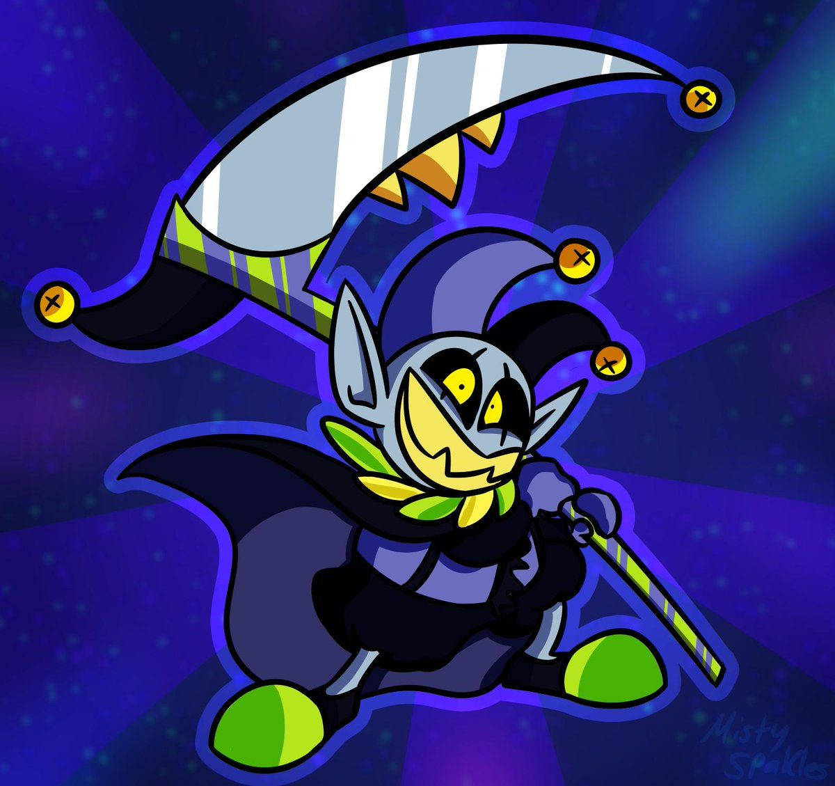 Deltarune 桌布 壁紙 — 一個卡通小丑，有著發光的黃色眼睛和綠色腳，在星光點點的紫色背景下揮舞著一把巨大的鐮刀。