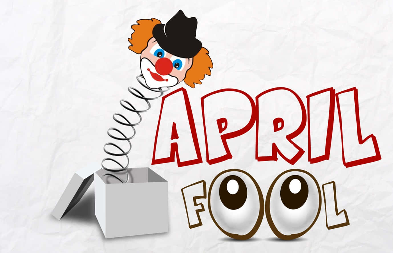 April Fools 桌布 壁紙 — 一個卡通小丑從一個帶彈簧的盒子裡彈出來，旁邊是粗體紅色的「APRIL FOOL」文字和卡通大眼睛，背景是皺巴巴的紙張。