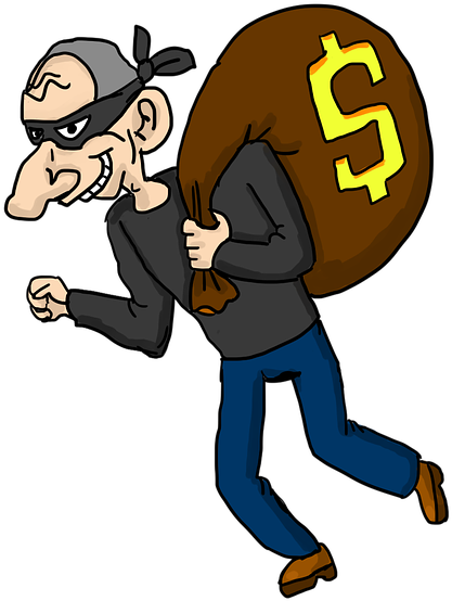 Thief 桌布 壁紙 — 一個卡通小偷戴著黑色面具和頭巾，跑著拿著一個巨大的棕色袋子，上面有黃色的美元符號。