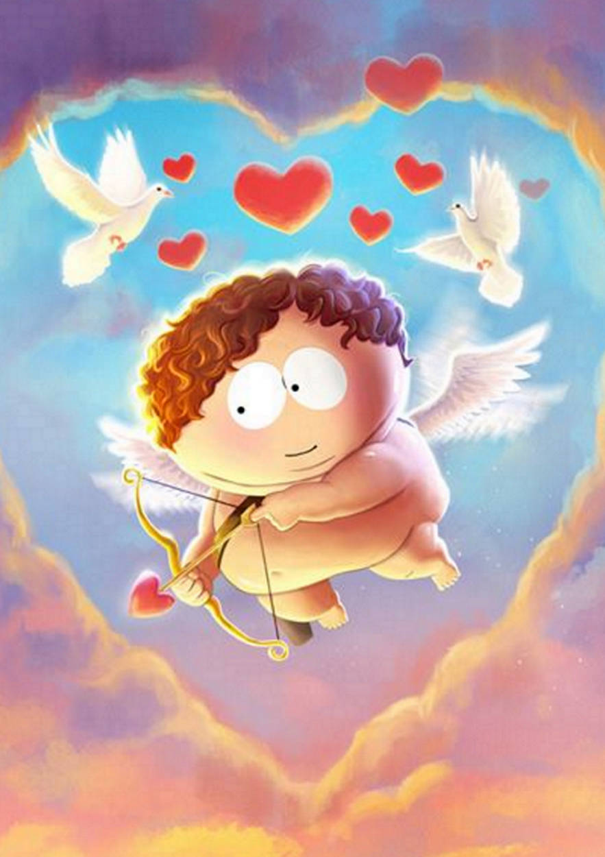 Cartman 桌布 壁紙 — 一個卡通小天使，有捲曲的頭髮和翅膀，飛過一個充滿鴿子和漂浮心形的天空。