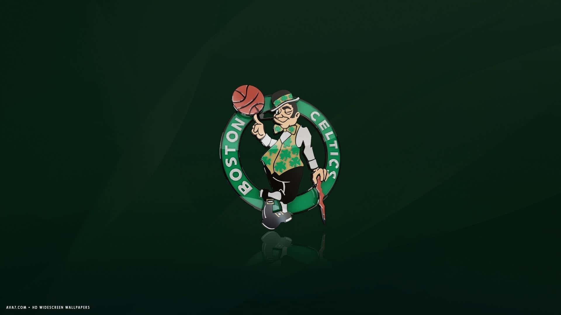 NBA Teams 桌布 壁紙 — 一個卡通小妖精拿著籃球，站在深綠色漸變背景上，並帶有波士頓塞爾提克隊標誌。