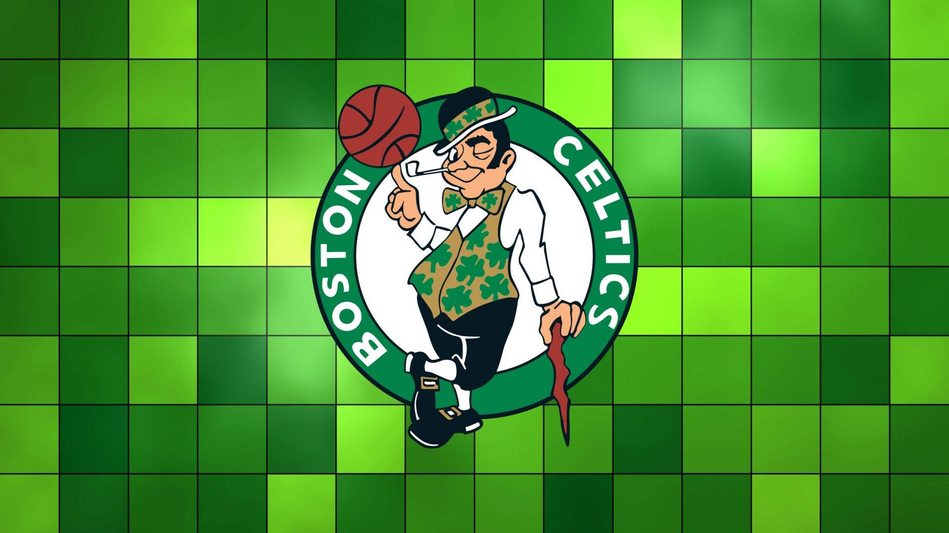Celtics 桌布 壁紙 — 一個卡通小妖精拿著籃球和手杖，站在綠色格子圖案中，並有 'Boston Celtics' 文字。