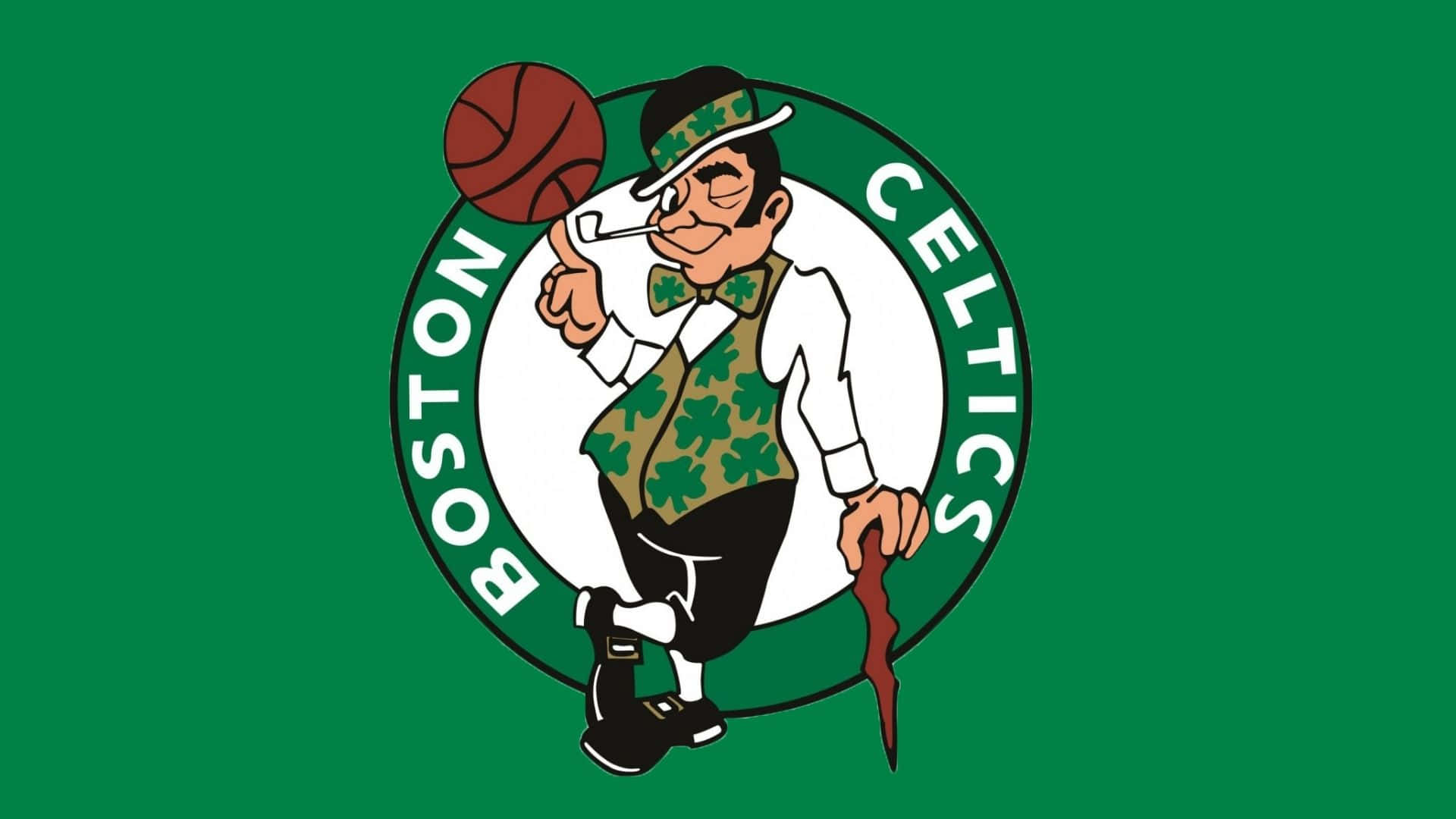 Celtics 桌布 壁紙 — 一個卡通小妖精穿著綠色三葉草背心，在純綠色背景上的圓形波士頓塞爾提克標誌內拿著籃球和手杖。