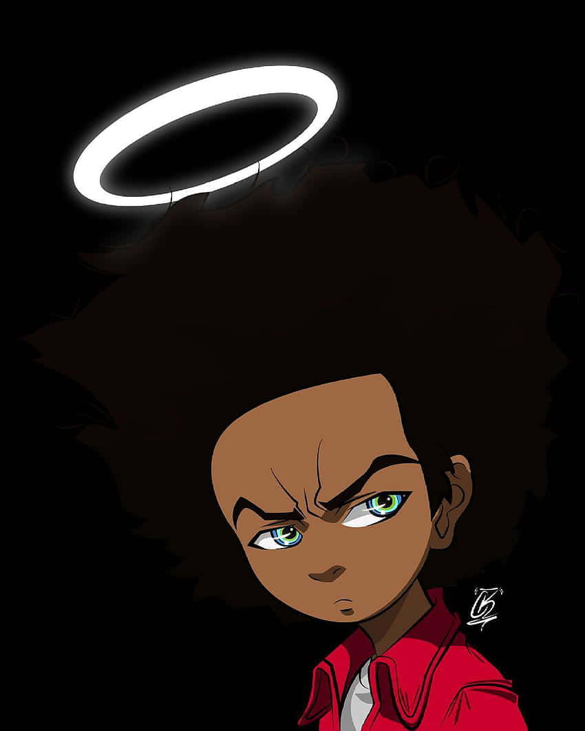angry anime 桌布 壁紙 — 一個卡通小孩，帶有發光光環和憤怒的綠色眼睛，在黑色背景下強烈凝視。