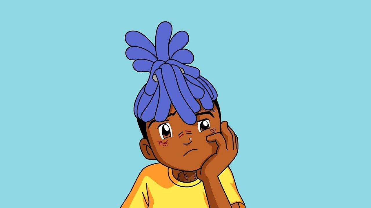 Xxxtentacion Cartoon 桌布 壁紙 — 一個卡通小孩，藍色辮子，黃色襯衫，在純青色背景前顯得很沉思。
