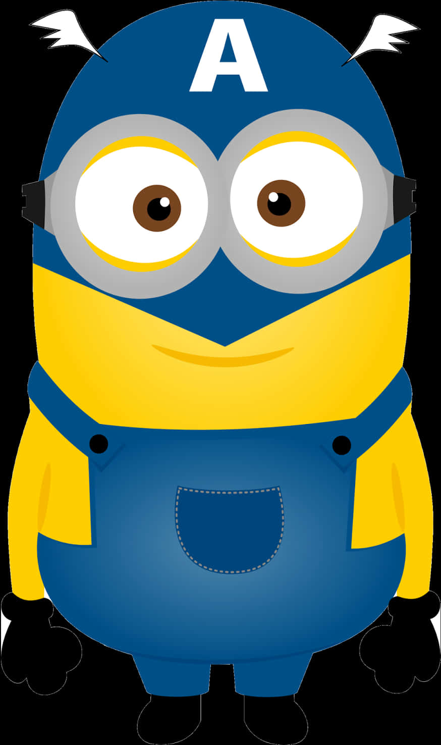 Minion Clipart 桌布 壁紙 — 一個卡通小小兵穿著美國隊長的藍色頭盔，帶有白色「A」和翅膀，黃色身體和藍色吊帶褲。