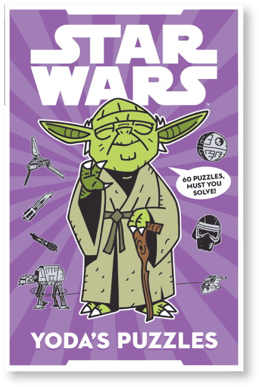 Yoda 桌布 壁紙 — 一個卡通尤達微笑著拿著杖，被星戰圖標包圍在紫色放射背景上。