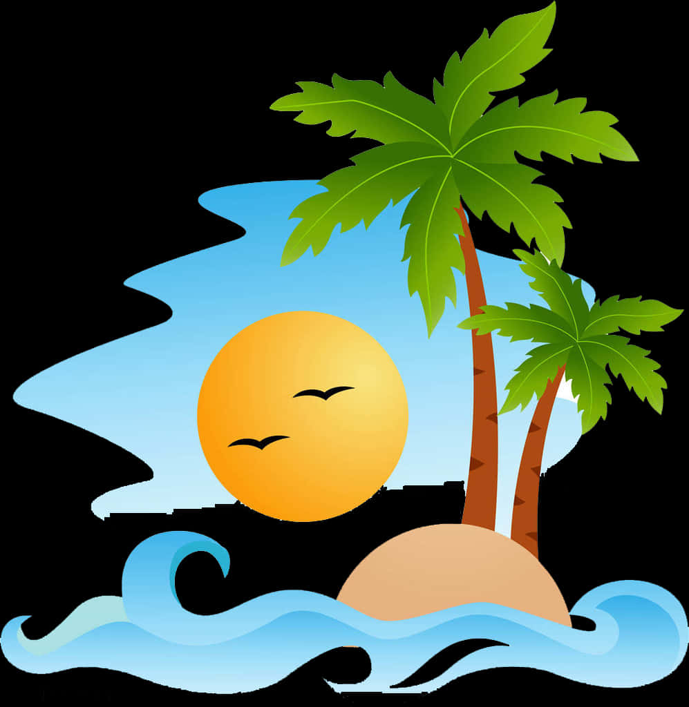 棕櫚樹 桌布 壁紙 — 一個卡通島嶼，有兩棵棕櫚樹、海浪和夕陽，鳥兒在藍天下飛翔。