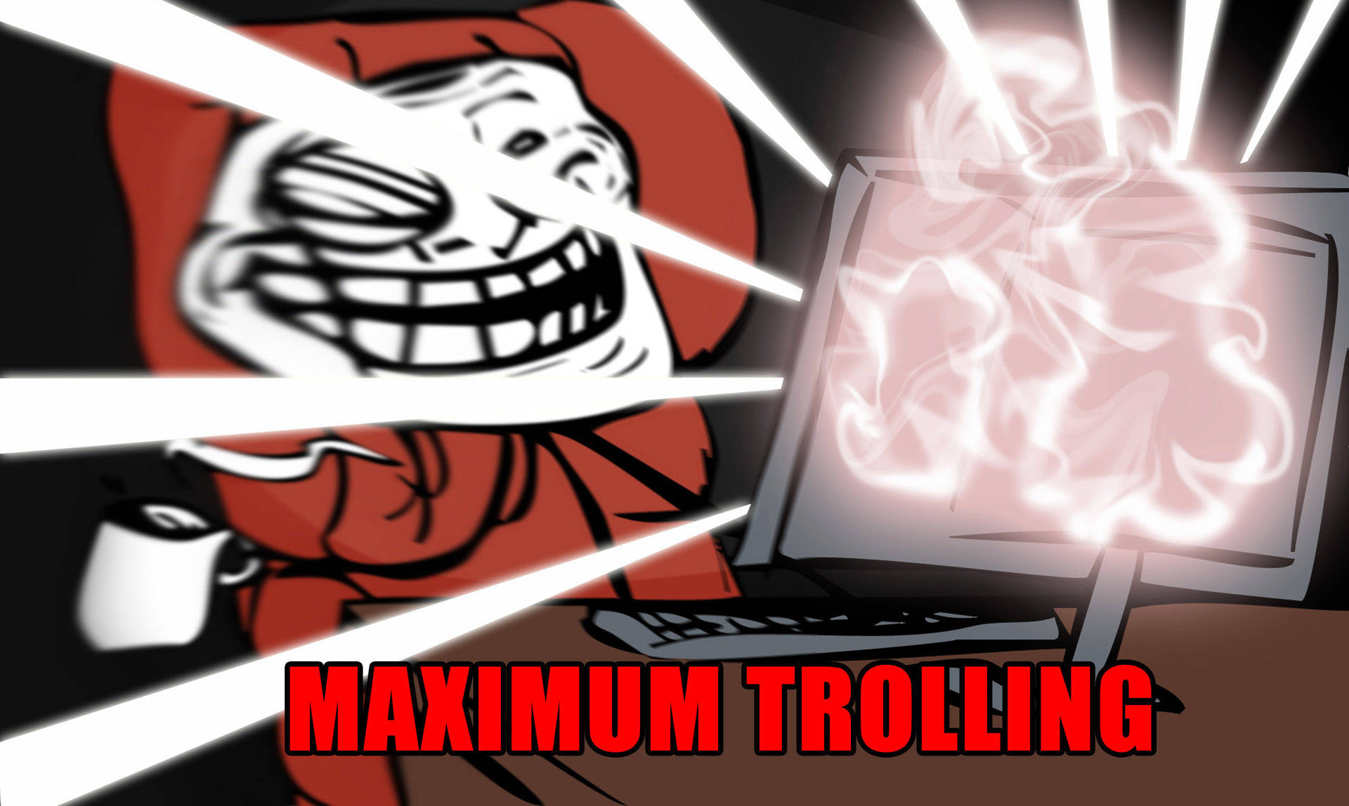meme 桌布 壁紙 — 一個卡通巨魔穿著紅色連帽衫，在電腦螢幕爆炸出粉紅色煙霧和白色光線時狂笑。