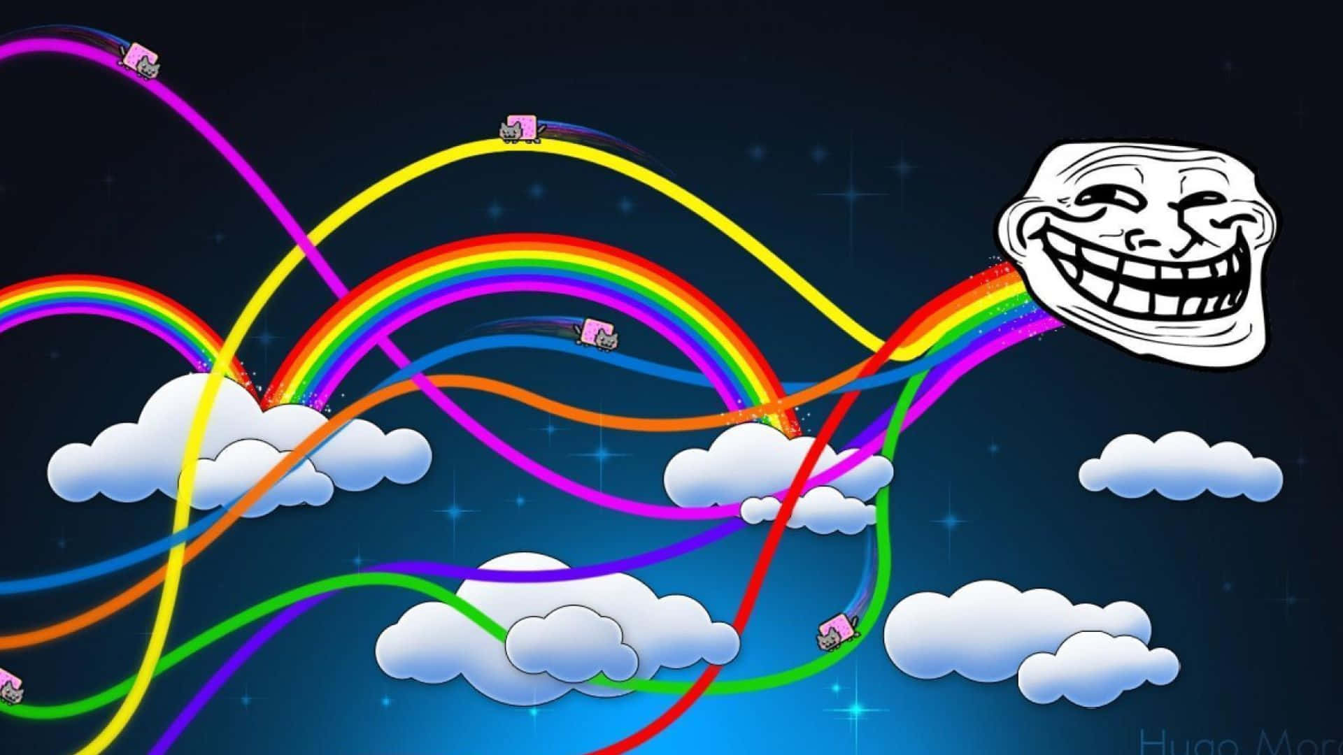 Nyan Cat 桌布 壁紙 — 一個卡通巨魔臉在大笑，色彩繽紛的彩虹高速公路在星夜雲層中蜿蜒，小汽車沿著它們奔馳。