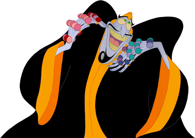 小偷 桌布 壁紙 — 一個卡通巫師咧嘴大笑，戴著彩色珠子，穿著帶橙色飾邊的黑色長袍。