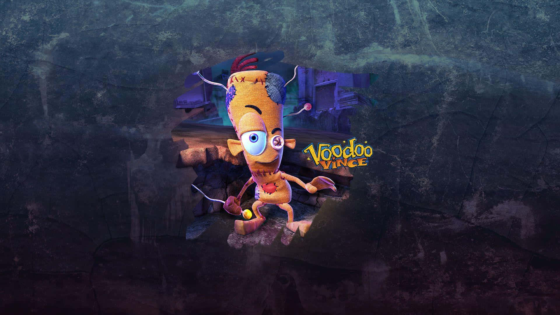 Voodoo 桌布 壁紙 — 一個卡通巫毒娃娃角色，有一隻眼睛和縫線，從黑暗洞穴入口探出頭來，手裡拿著一個巫毒娃娃。