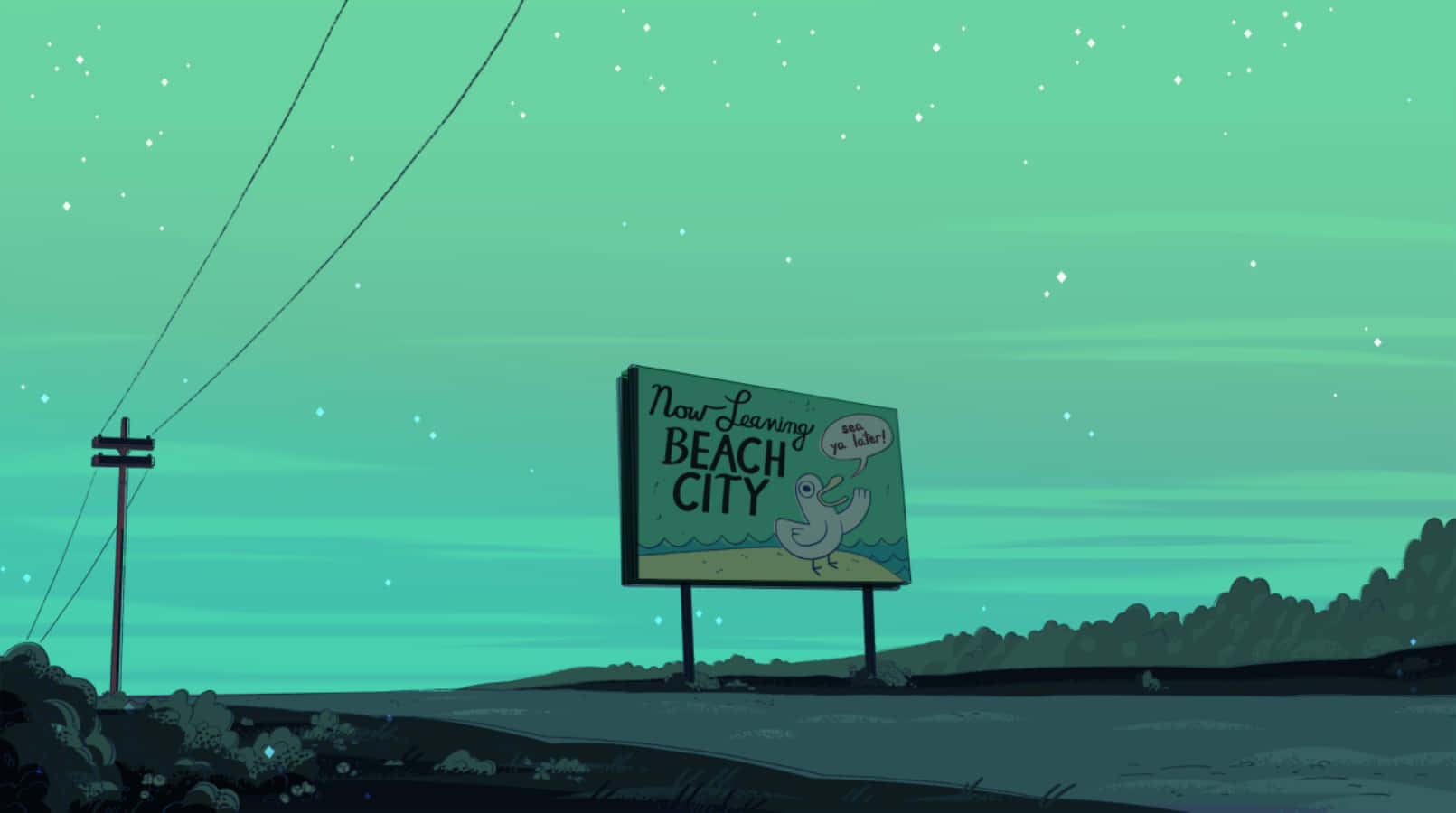 highway 桌布 壁紙 — 一個卡通廣告牌，上面寫著「Now Leaving BEACH CITY」，一隻鴨子在星空下的青綠色天空中揮手告別。