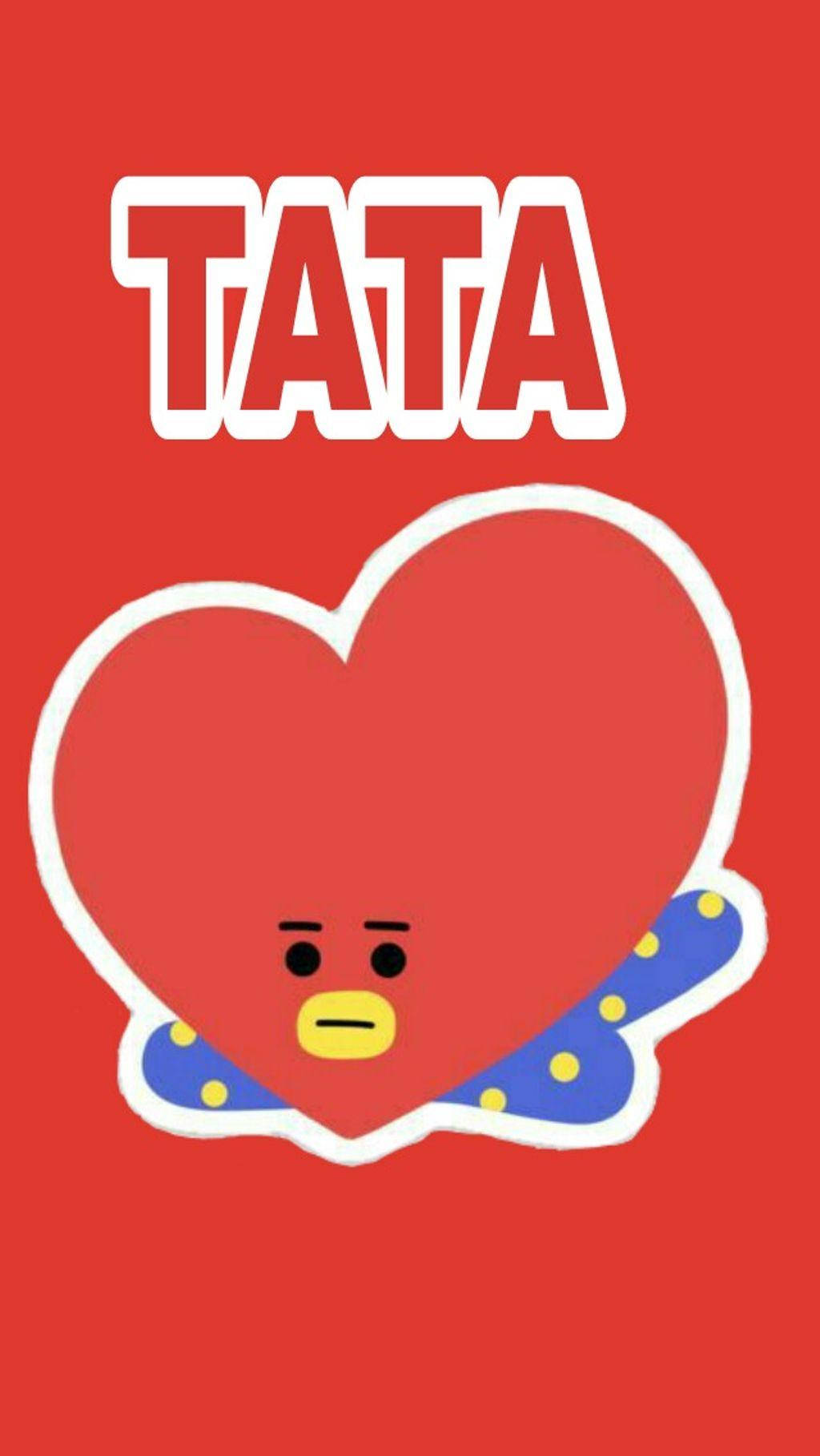 塔塔 BT21 桌布 壁紙 — 一個卡通心形角色，戴著藍色圓點圍巾，表情中性，坐在純紅色背景上「TATA」字樣的下方。