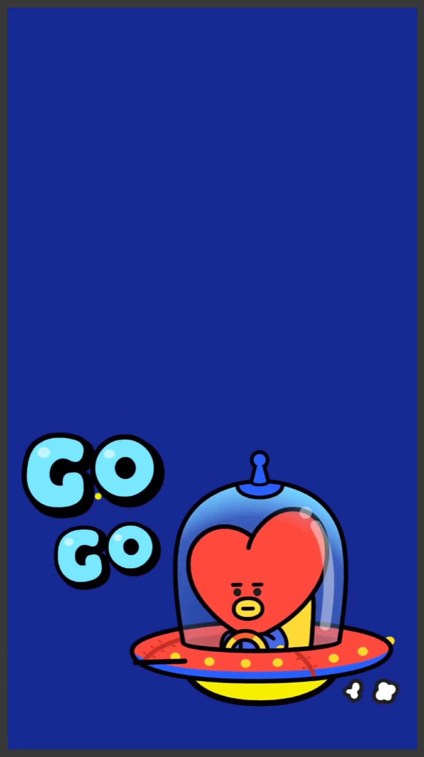 tata bt21 桌布 壁紙 — 一個卡通心形角色在UFO中，帶有'GO GO'文字，背景為純藍色。
