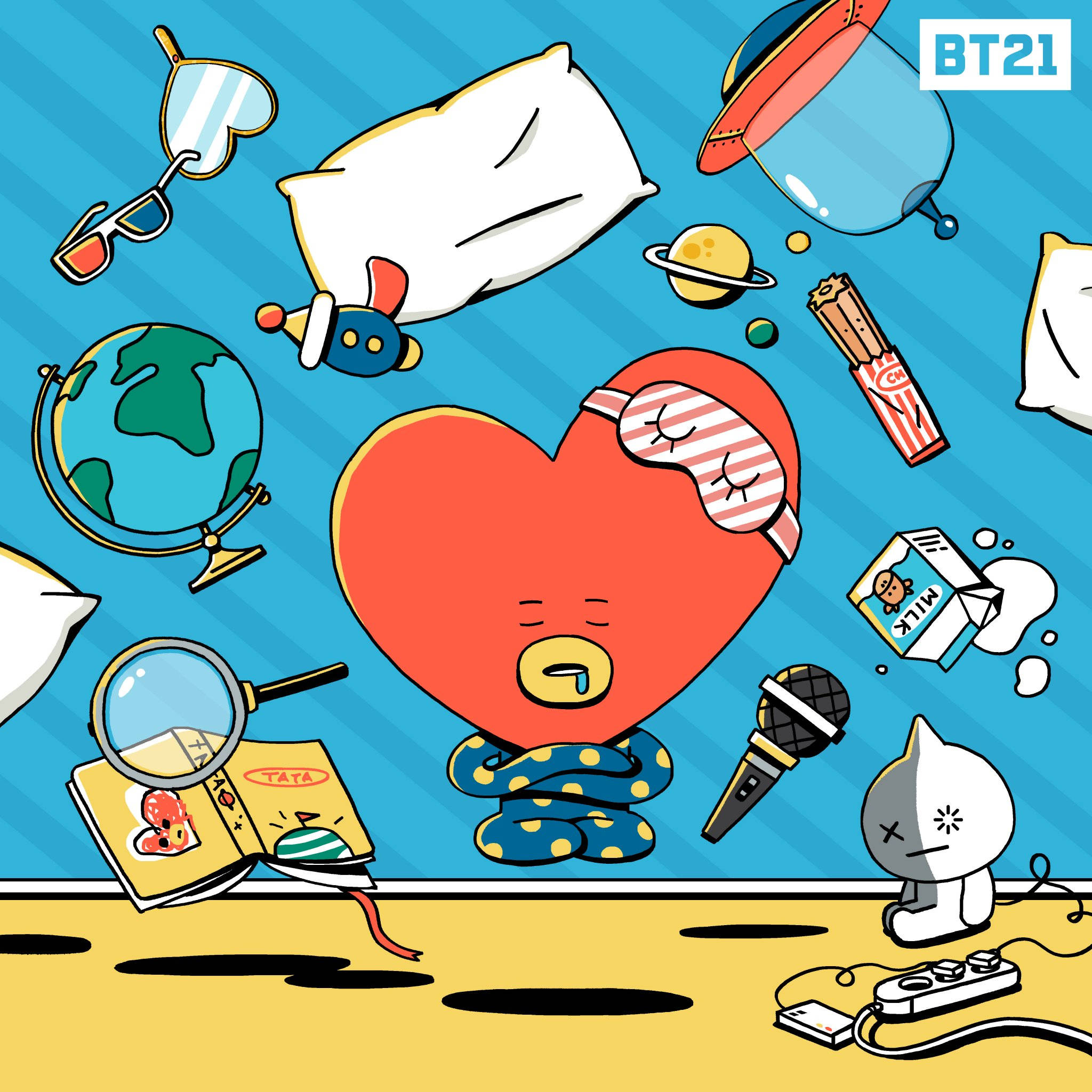 塔塔 BT21 桌布 壁紙 — 一個卡通心形角色穿著睡衣睡覺，周圍漂浮著地球儀、麥克風和牛奶盒等物體，背景是藍色條紋。