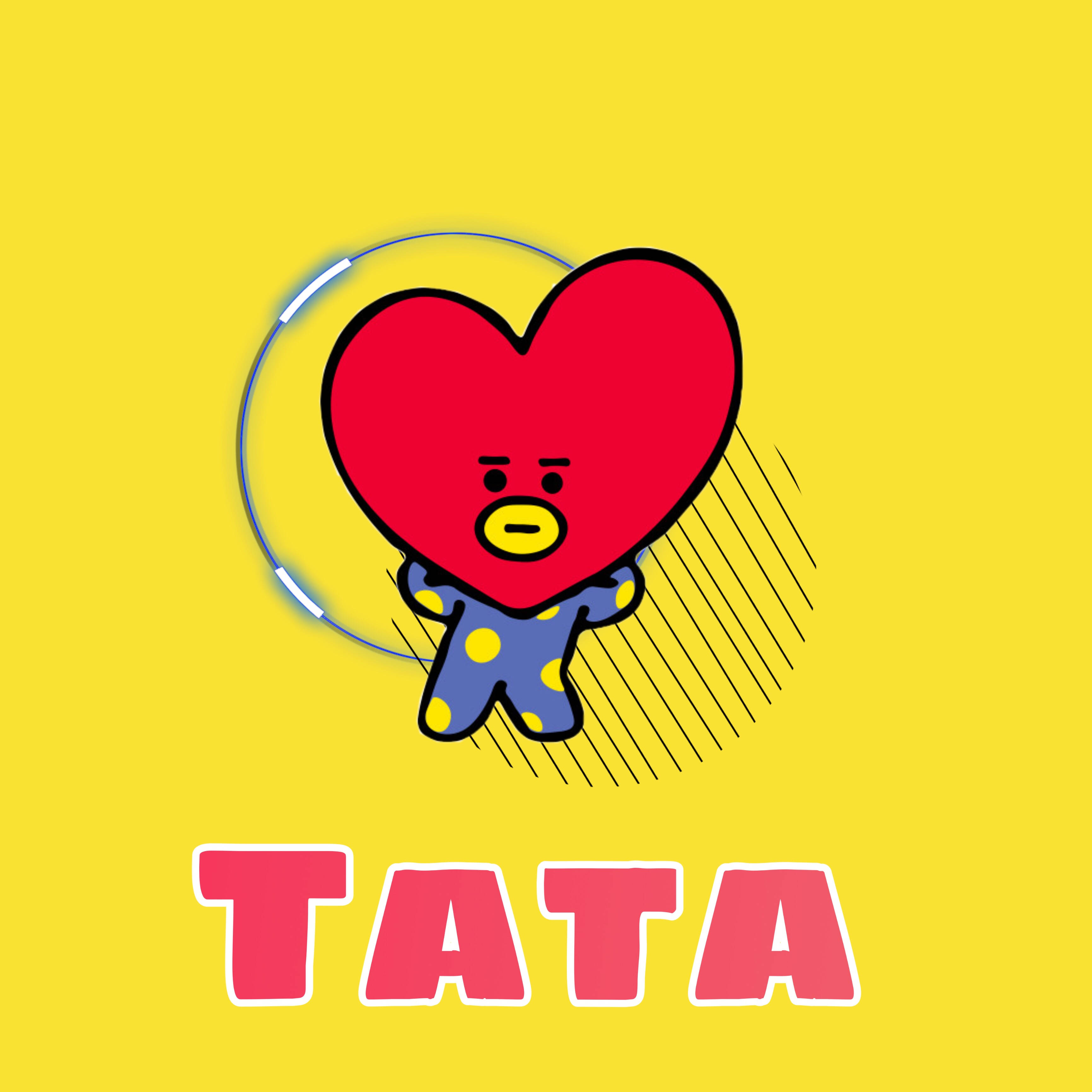 tata bt21 桌布 壁紙 — 一個卡通心形角色穿著藍色圓點睡衣，在明亮的黃色背景上拿著一個發光的呼拉圈，下面有TATA這個詞。