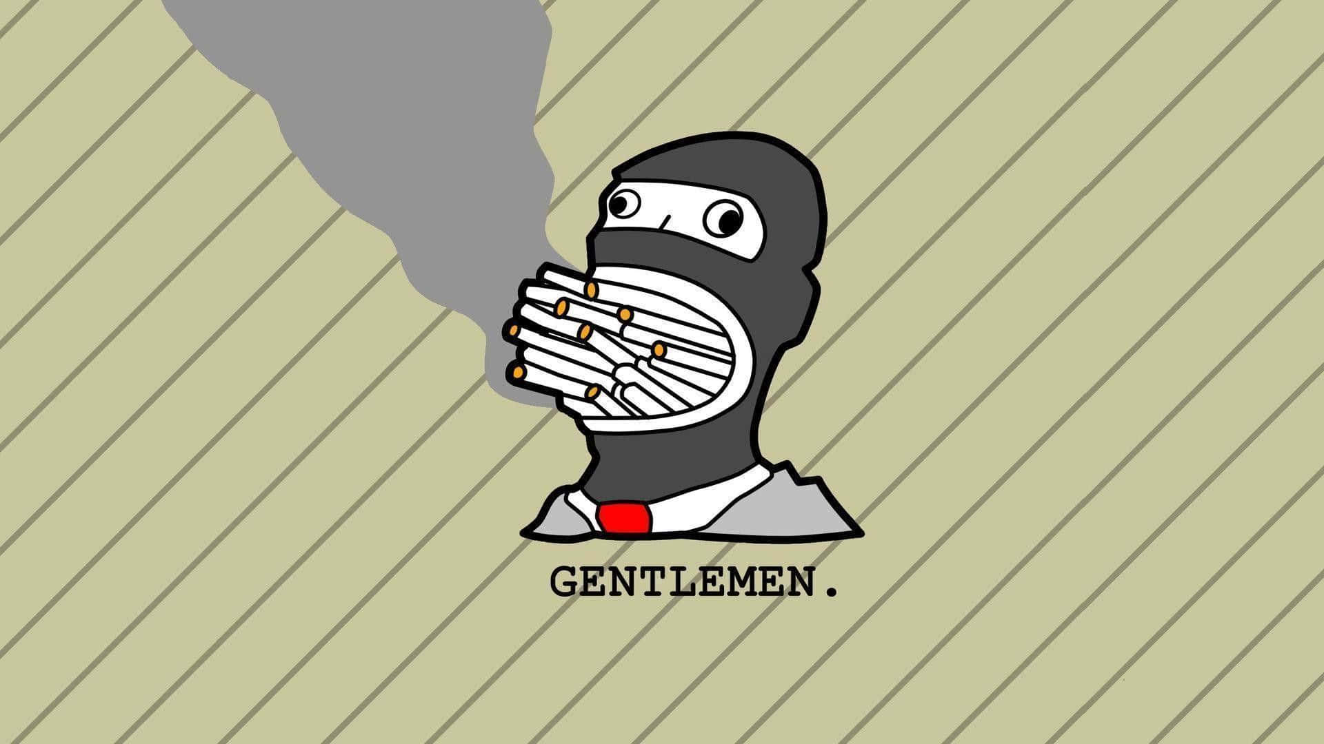 Memes 桌布 壁紙 — 一個卡通忍者，用骷髏手拿著冒煙的香煙，背景是條紋米色。