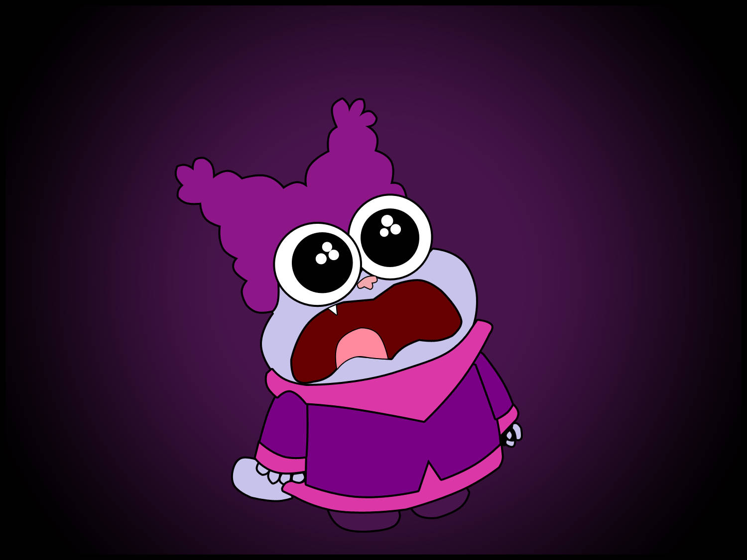 Chowder Cartoon 桌布 壁紙 — 一個卡通怪物，紫色頭髮和圍巾，在深紫色漸變背景上尖叫。