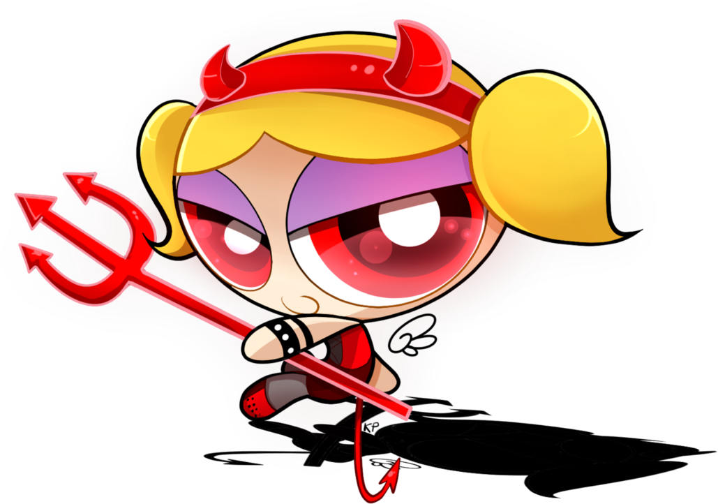 Powerpuff Girls 桌布 壁紙 — 一個卡通惡魔女孩，金色雙馬尾，紅色角，手持三叉戟，背景為黑色。