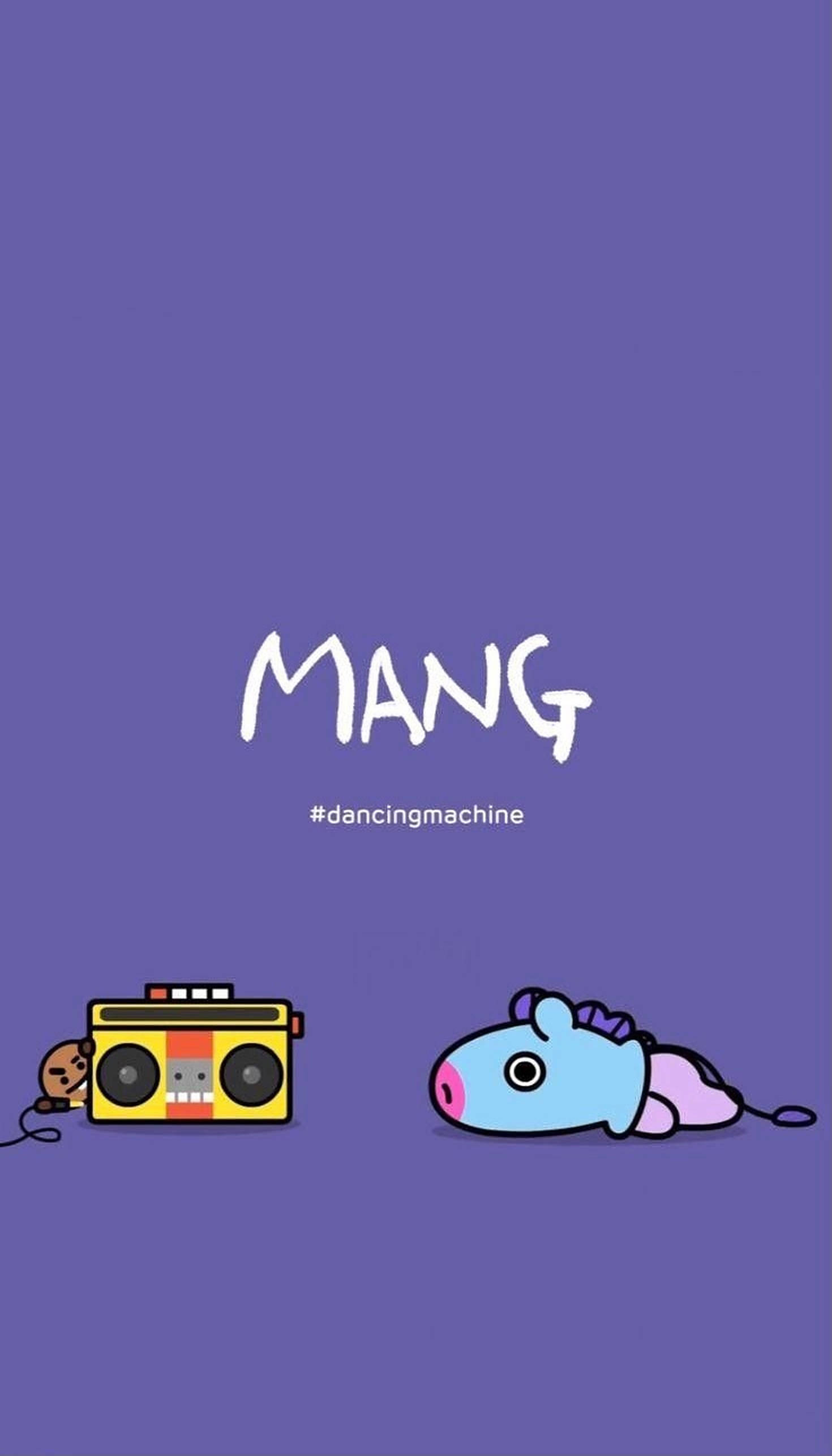 망 BT21 桌布 壁紙 — 一個卡通手提音響和一隻藍色老鼠放在純紫色背景上，帶有單詞MANG和標籤dancingmachine。