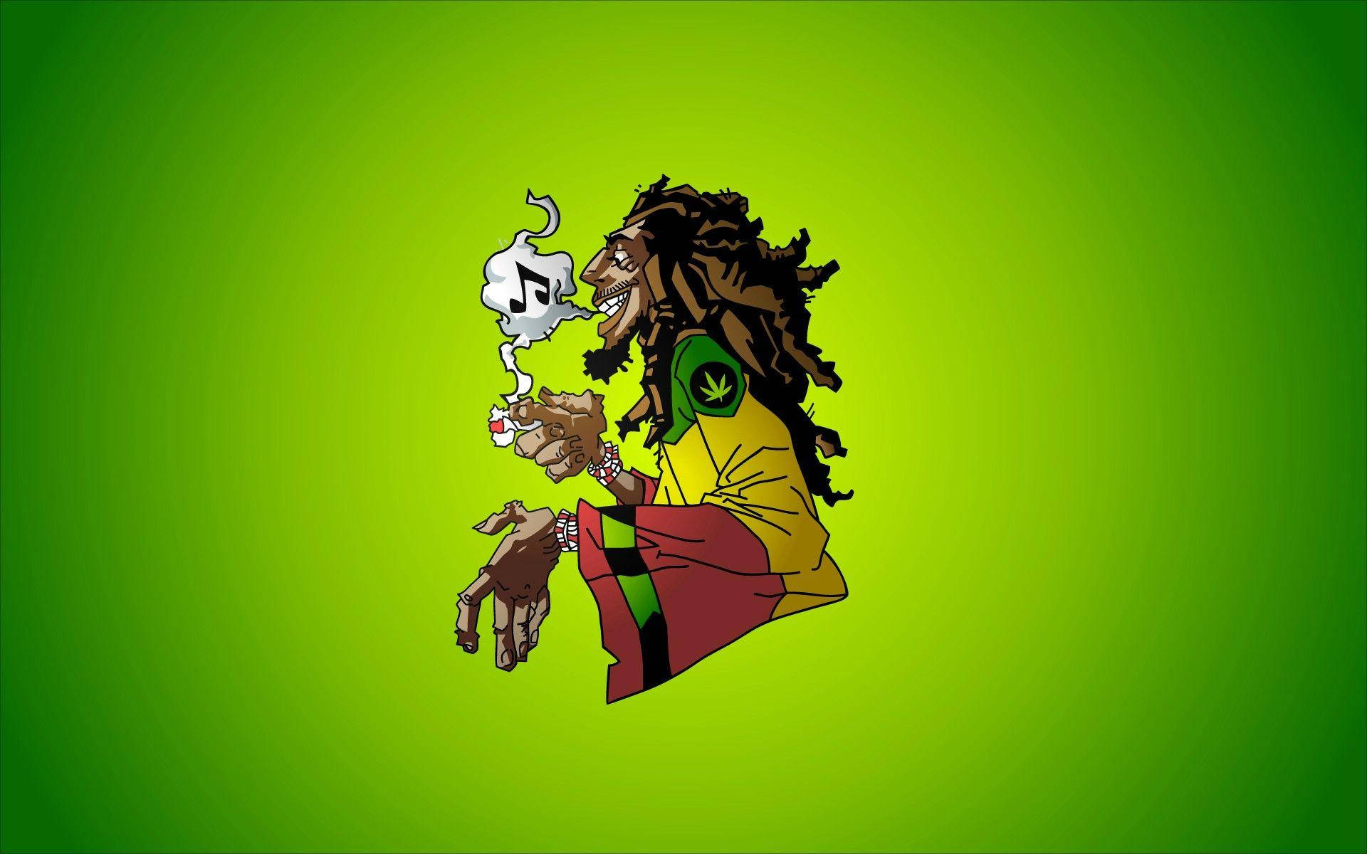 Blunt 桌布 壁紙 — 一個卡通拉斯塔男人，梳著辮子，吸著大麻煙，煙霧中飄出音符，背景是充滿活力的綠色漸變。