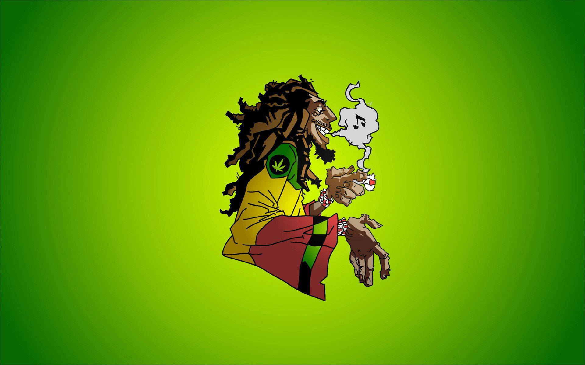 Cartoon 桌布 壁紙 — 一個卡通拉斯塔男人，留著辮子，抽著大麻煙，散發出音樂音符，背景是充滿活力的綠色漸變。