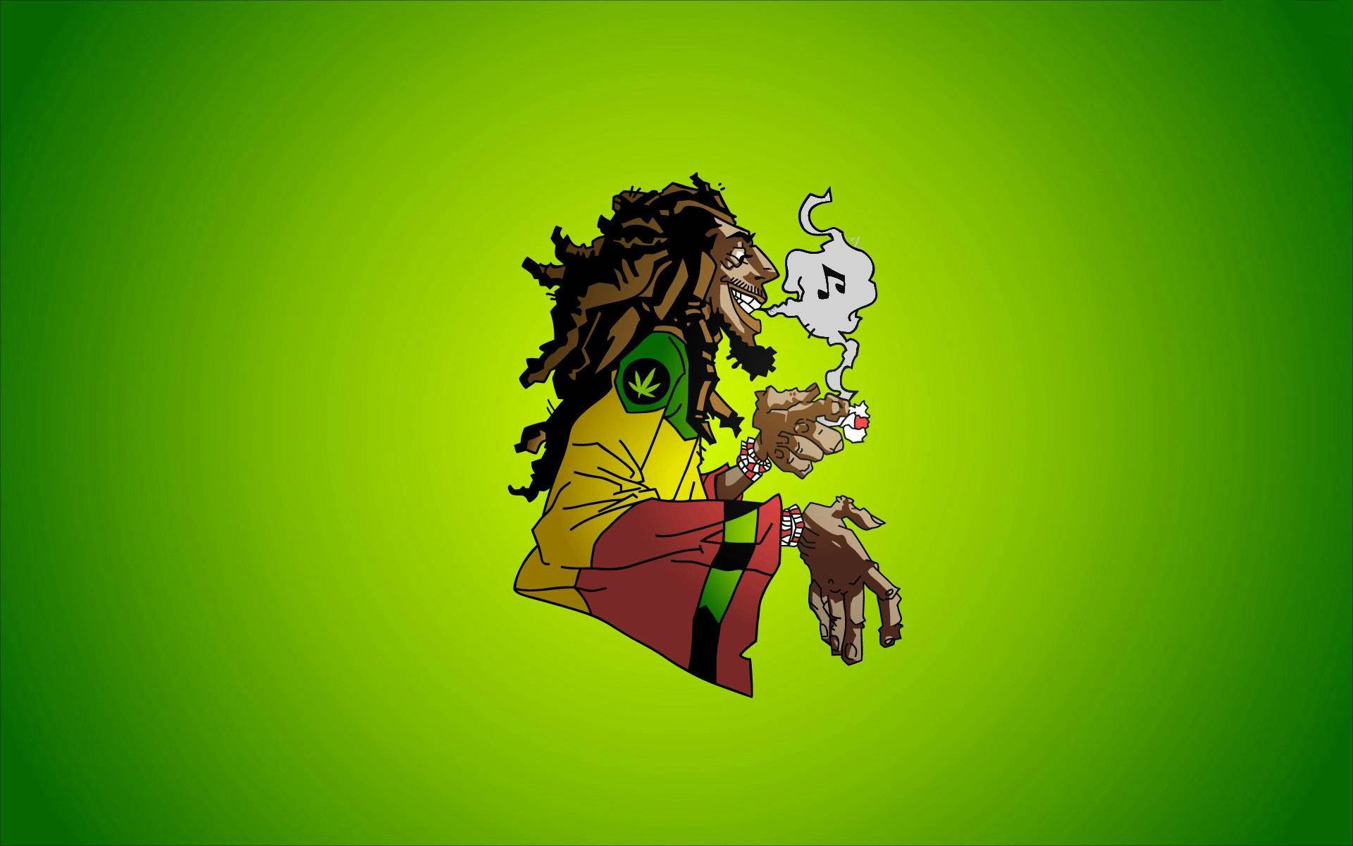 生病 桌布 壁紙 — 一個卡通拉斯塔男人，留著辮子，抽著大麻煙，煙霧中飄出音符，背景是充滿活力的綠色漸變。