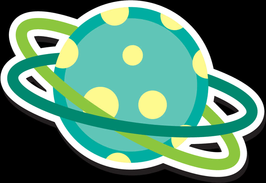 Ringed Planet 桌布 壁紙 — 一個卡通星球，表面呈青綠色，帶有黃色斑點和綠色環，以白色輪廓勾勒在黑色背景上。
