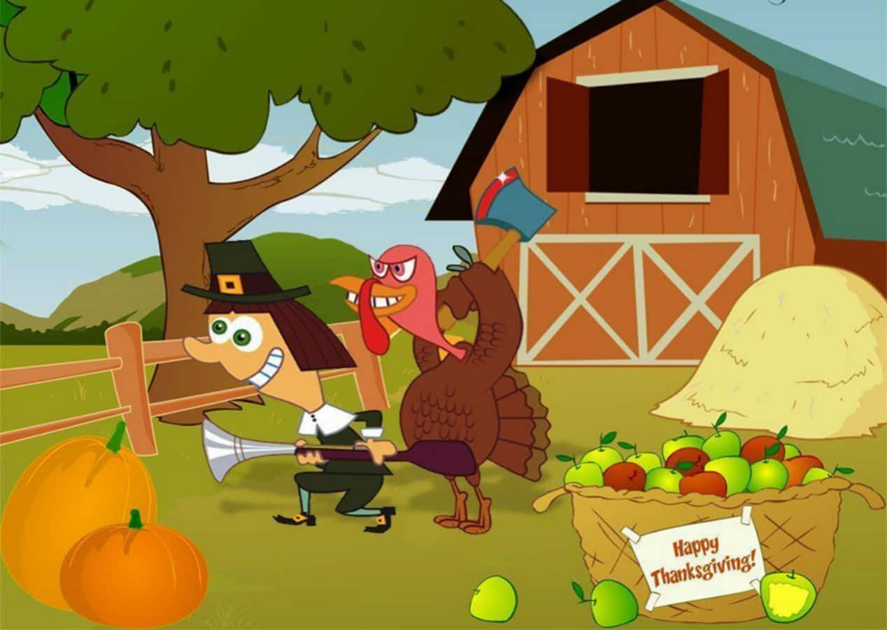 Thanksgiving Funny 桌布 壁紙 — 一個卡通朝聖者和火雞站在穀倉旁，旁邊有南瓜、蘋果和一個「感恩節快樂」籃子。
