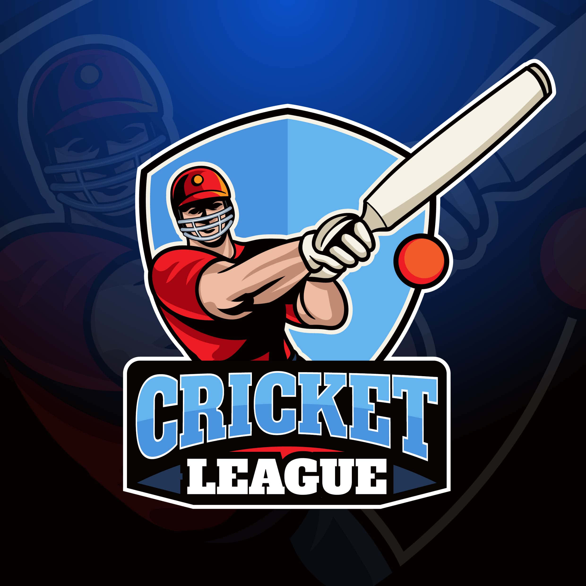 板球 桌布 壁紙 — 一個卡通板球運動員穿著紅色裝備，在標有 'CRICKET LEAGUE' 的盾牌徽章內揮動球棒擊打一個紅球。