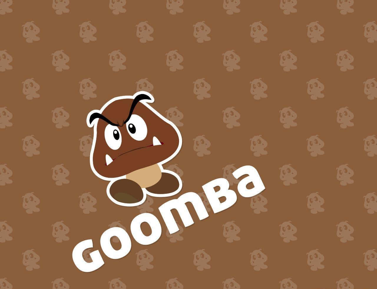 Goomba 桌布 壁紙 — 一個卡通栗子小子角色，帶有憤怒的眼神和皺眉，站在棕色背景上，背景有重複的較小栗子小子圖案，以及粗體白色字母的「GOOMBA」字樣。