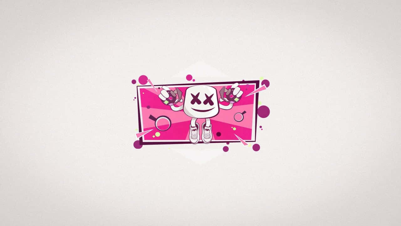 Marshmello 動態圖 桌布 壁紙 — 一個卡通棉花糖角色，有X形眼睛和運動鞋，站在一個充滿活力的粉紅色框架中，周圍有飛濺物和工具。